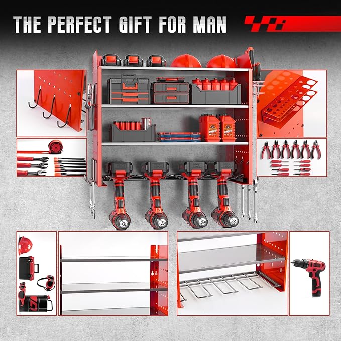 Wall Organizer for Power Tool Storage, Garage Tool Organizer with 4 Holders for Cordless Tools.With Hooks tool Hangers for Garage Wall.Red