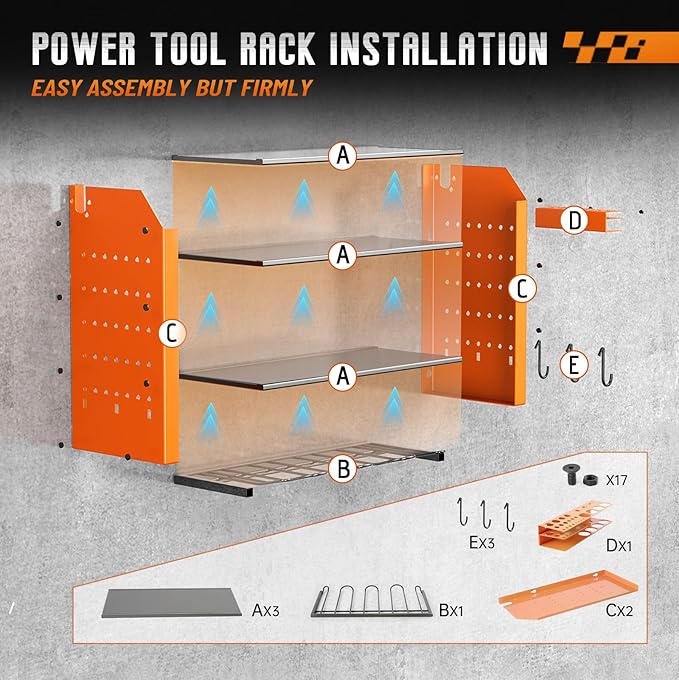 Garage Tool Organizer with 4 Tier,Drill Holder Wall Mount,Heavy Duty Rack with Hooks for Tool Organizers and Storage,Home Gifts Orange
