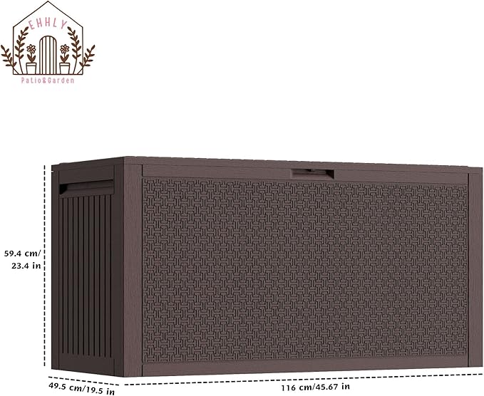 EHHLY 90 Gallon Outdoor Storage Box, Lockable Package Outside Storage Box Waterproof, Patio Cushions Deck Storage Boxes, Rattan Plastic Garden Hose Containers Resin Pool Storage Bins with lids, Brown