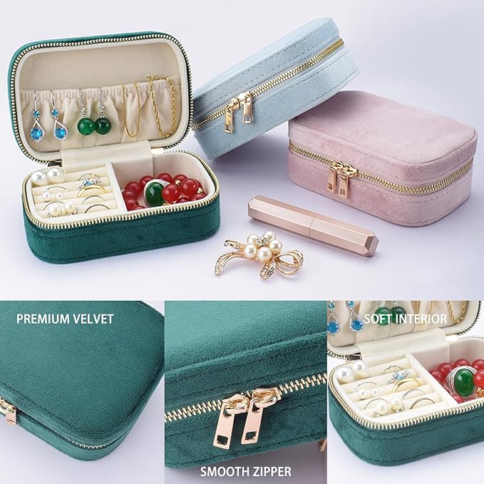 Small Travel Jewelry Case for Women - Plush Velvet Portable Organizer, Holds 20+ Bracelet/Necklace/Earrings/Rings, Giftable Storage Display Box Zipper, Mother/Bridesmaid/Girlfriend Gift (Green)