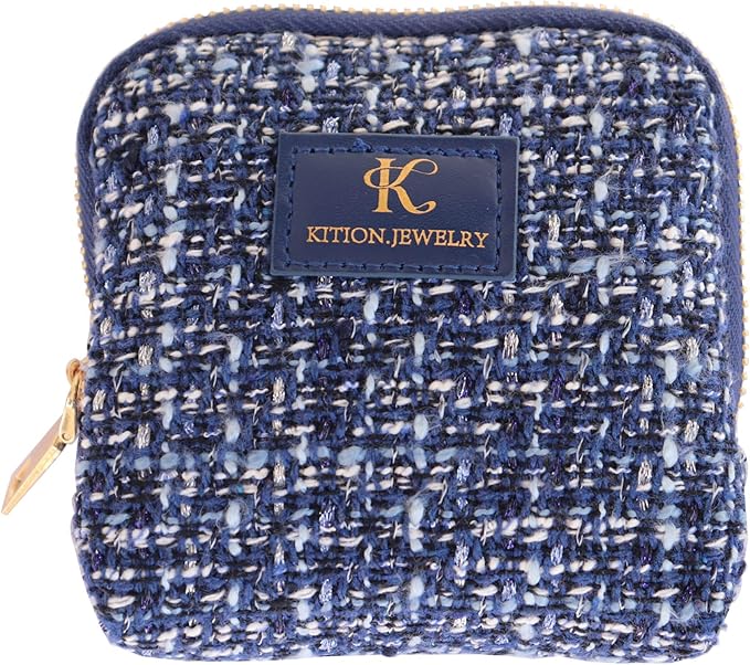 Travel Jewelry Organizer, Tweed Square Bag with 6 Compartments, Pink Zippered Case for Necklaces and Bracelets, Protective Storage Pouch (Navy Blue)