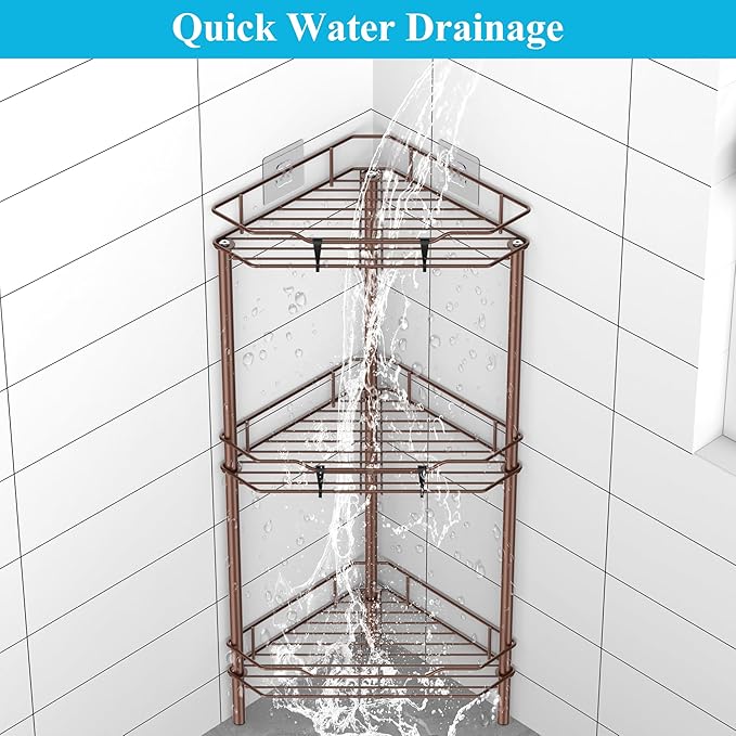 3 Tier Floor Standing Corner Shower Caddy Organizer Shelf with Hooks, Bathroom Shelves Stand Rack, Coffee