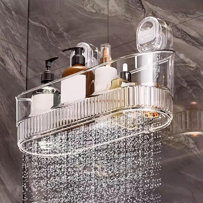 No-Drill Bathroom Suction Storage Box,Corrugated Suction Cup Storage Holder,Powerful Suction Storage Box,Removable Hanging Storage Basket, No Drilling Shelves Caddy, Ripple Acrylic Wall Shelf (Clear)
