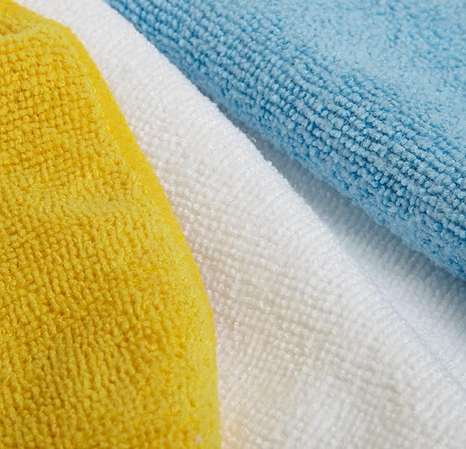 Amazon Basics Microfiber Cleaning Cloths for Cars, Non-Abrasive, Highly Absorbent, Lint and Scratch-Free, Reusable and Washable, Car Detailing Towels, 16" x 12", Blue/White/Yellow, 144-Pack
