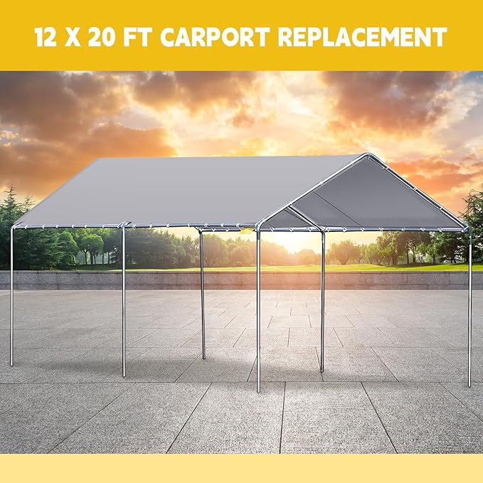 12 x 20 ft Heavy Duty Canopy Replacement Cover Waterproof Carport Garage Car Shelter Tarp Tent for Car Canopy with 50 Ball Bungees, Only Top Cover, Frame is Not Included