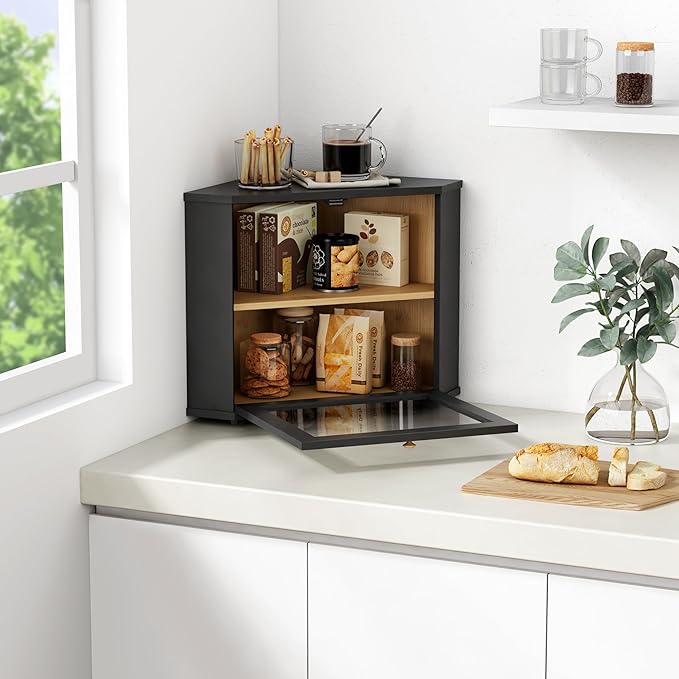 Corner Bread Box for Kitchen Countertop, Black Bread Storage Container for Homemade Bread, Two Layer Breadbox under Cabinet Mount, Large Bread Holder for Kitchen Counter, Pantry Shelf