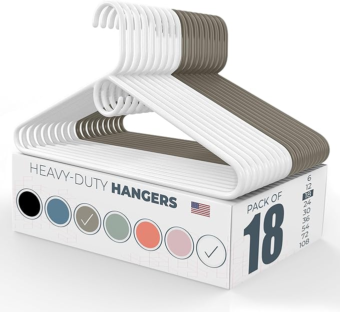 Neaties Heavy Duty Clothes Hangers 18 Pack – Made in The USA – 8lb Capacity Plastic Hangers for Adult Clothing – Durable for Pants, Coats, Jackets, or Jeans – White & Gray