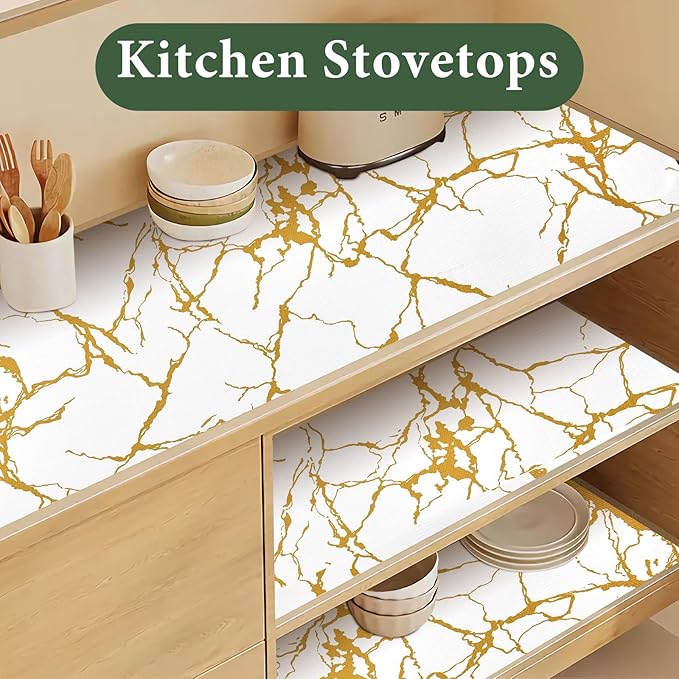 Drawer and Shelf Liner for Kitchen Cabinet Non Slip Waterproof Shelf Paper 12 in X 30 Ft Non Adhesive Refrigerator Liners Gold White Marble Easy Liners for Bathroom Cupboard