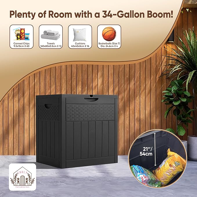 EHHLY 33 Gallon Deck Box, Small Outdoor Storage Box Waterproof, Lockable Secure Package Bin Delivery Box for Outside Front Porch, Patio Cushions Storage Box, Delivery Driver Snack Box for Porch, Black
