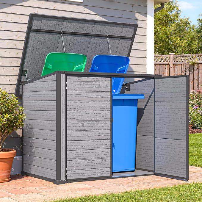 U-MAX Resin Outdoor Trash Can Storage Shed with Reinforced Floor, Plastic Garbage Can Shed for 2x64 Gal Cans, Waterproof Outdoor Horizontal Storage Box Cabinet Sheds & Outdoor Storage Clearance