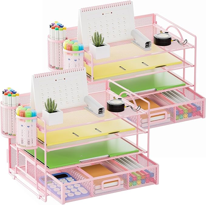 Marbrasse Desk Organizer and Accessories4-Tier Paper File Letter Tray Accessories & Workspace Desk Organizers with Drawer and 2 Pen Holders for School Home Office Supplies(Pink)-2P