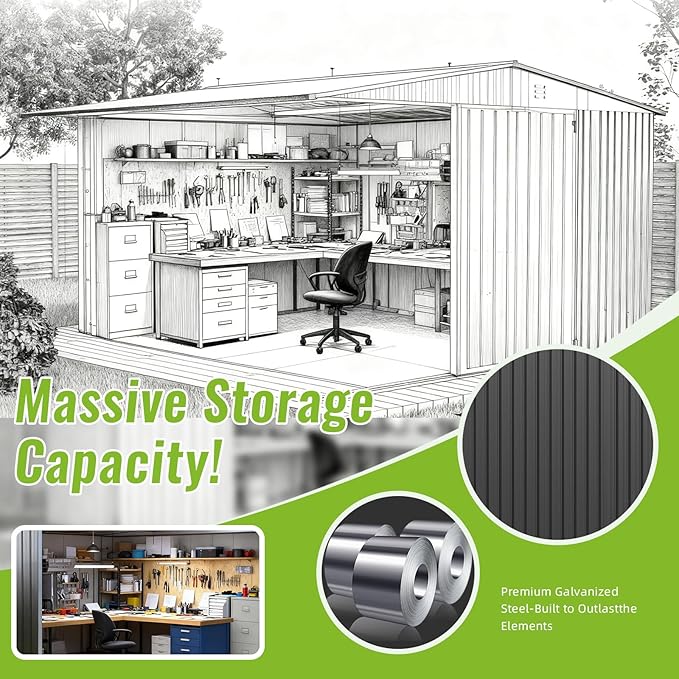 14X12 FT Outdoor Storage Shed, Metal Garden Tool Shed with Updated Frame Structure and Lockable Doors, Ideal for Backyard Garden Patio Lawn