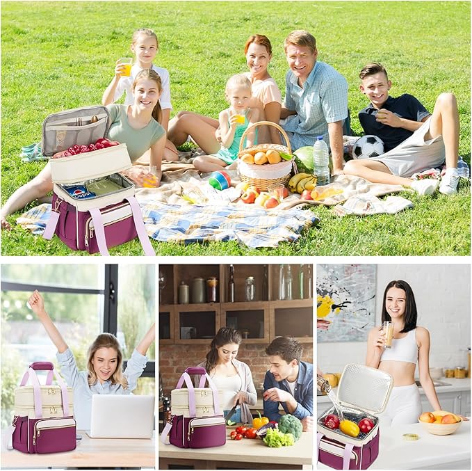 Insulated Lunch Bag & Lunch Box for Women - Double Deck Reusable Lunch Bag for men Tote Cooler Bag Leakproof Soft Expandable - Large Lunchbox for Work/Adult/Picnic/Outdoor (Light Purple，15L)