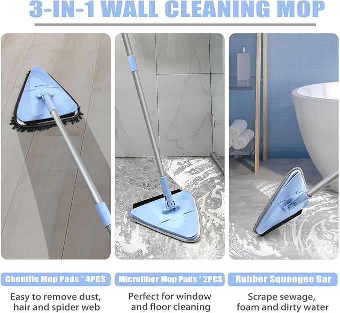 NEWE Wall Mop Cleaner with 80 Inches Long Handle, 180° Folding Ceiling Cleaning Tool with Squeegee (Chambray Blue)