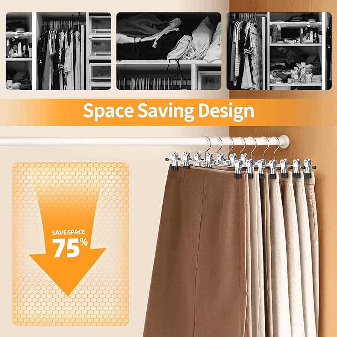 IEOKE Pants Hangers with Clips: 12 Pack Skirt Hangers for Women Metal Adjustable Trouser Hangers for Jeans Shorts Dress - Black
