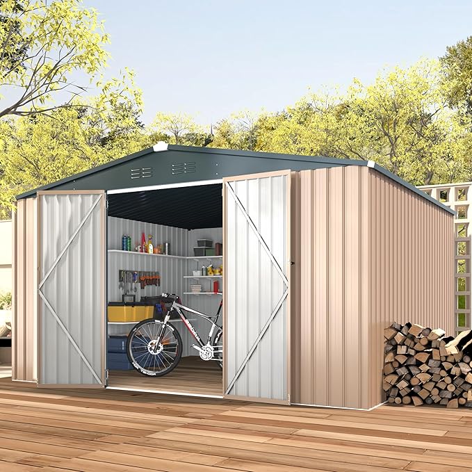 AECOJOY 10' x 12' Shed, Outdoor Storage Shed, Large 12x10 Metal Sheds & Outdoor Storage Clearance Steel Yard Shed with Lockable Doors, Utility and Tool Storage Garden Shed for Backyard, Outside
