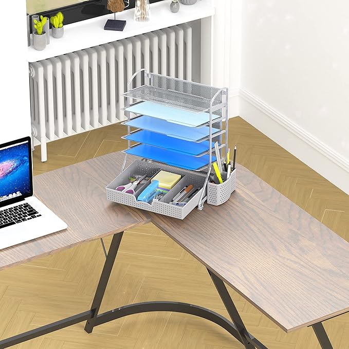 Simple Houseware 6-Tier Desk Document File Tray Organizer with Supplies Sliding Drawer, Silver
