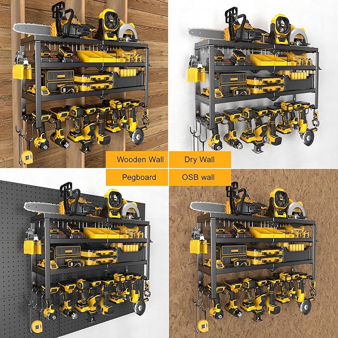 Power Tool Organizer Wall Mount, 15 Min Assembly & Maximum 150lb load by Heavy Duty Metal, 4/6/8 Drill Holder, 4 Layers Garage organization and Tool Storage, Tools Holder for Workshop/Shed