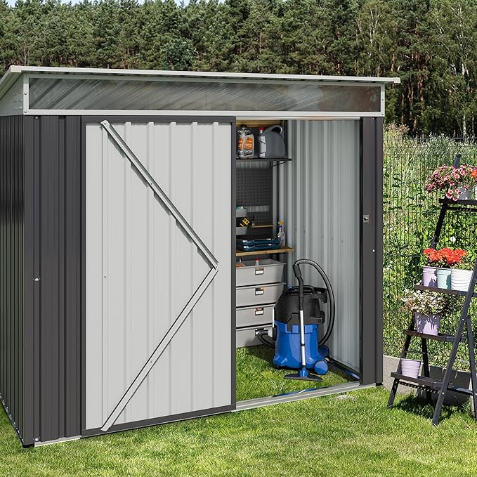 JY QAQA 6x4 FT Metal Outdoor Garden Storage Shed, Waterproof Metal Garden Sheds with Window and Lockable Double Door, Weather Resistant Steel Tool Storage House Shed for Patio, Lawn Dark Gray