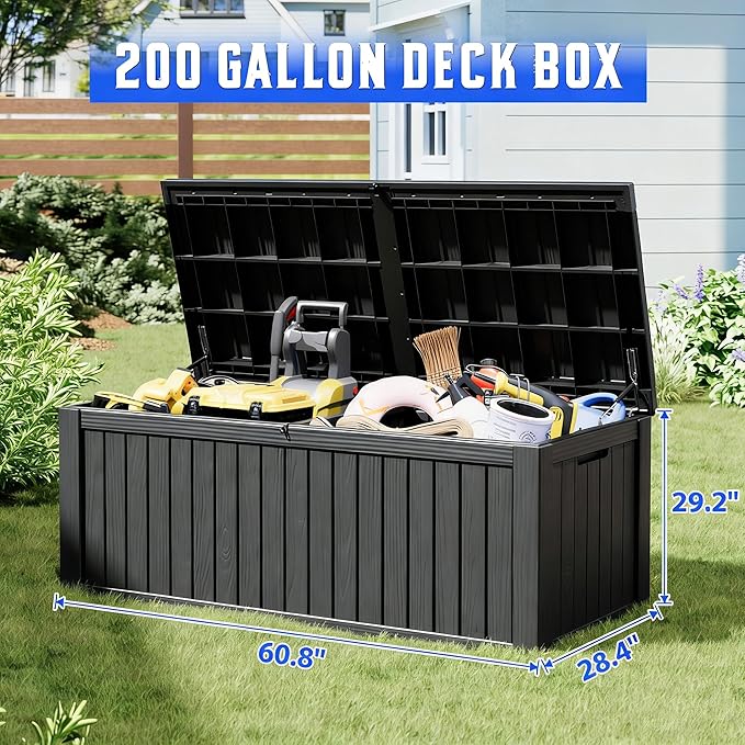 Oudoor Storage Deck Boxes Waterproof, Waterproof and UV Resistant Outdoor Storage Box Lockable Lid for Delivery Box, Indoor, Garden Tools, Pool Supplies, Patio (Black, 220 Gallon)
