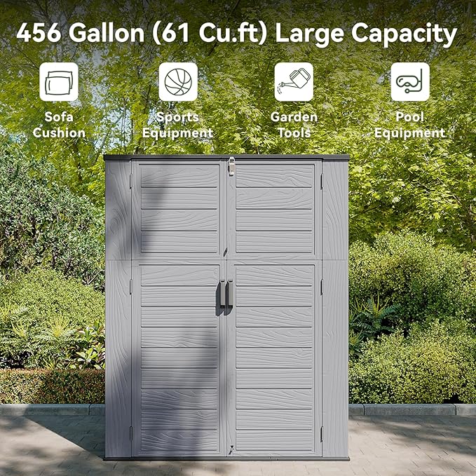 AOXUN Horizontal Storage Sheds 61 Cu.ft, HDPE Outdoor Storage Box 160 Gallon, Waterproof Lockable Resin Deck Box with Spring-Assisted Lid, Patio Storage for Garden, Pool, Cushions, Tools, Gray