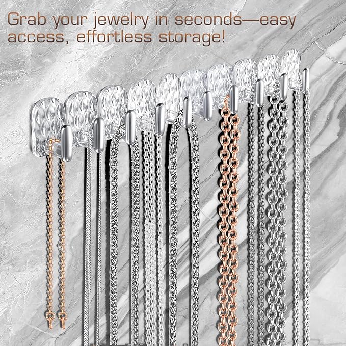 Gesodant 8 Pack Hanging Jewelry Organizer, Self-adhesive Jewelry Hooks, Clear Wall Mounted Jewelry Hanger, Necklace Display Holder, 40 Hooks in Total