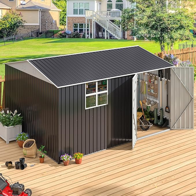 12x10 FT Outdoor Metal Storage Shed with Window, Heavy-Duty Galvanized Steel Tool Shed with Lockable Doors, Waterproof Garden Shed for Backyard, Patio, Lawn, Black