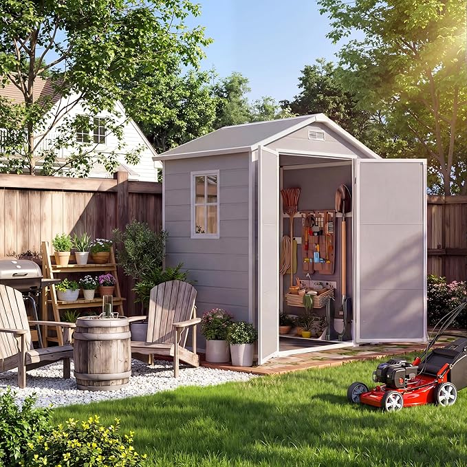 6x4 FT Outdoor Storage Shed with Floor, Plastic Resin Garden Shed with Window & Sloping Roof & Lockable Door for Patio Backyard Garden, Lawn Mower, Bike, Tool Storage