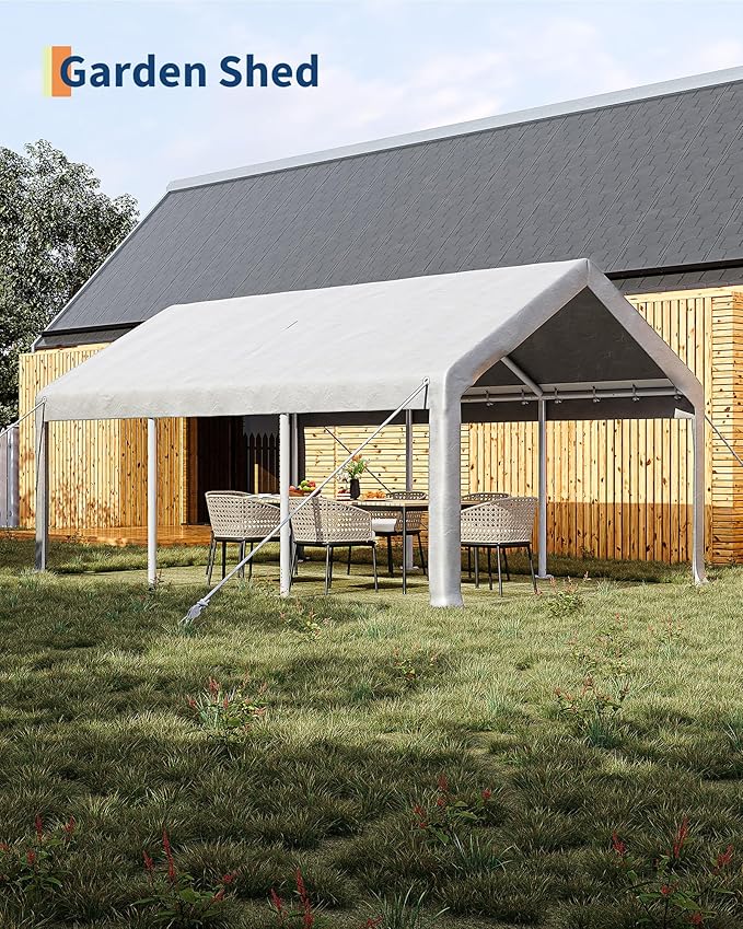 GarveeLife 12x20 ft Portable Garage, Car Port with 200 g PE Tarp Cover, with Front & Rear Roll-Up Doors and 4 Windows, for Temporary Paint Booth, Boats&Pickups Shed, and Event Shelter, White