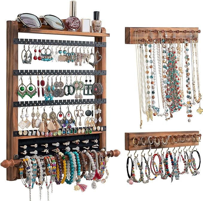 QILICHZ 3Pcs Jewelry Organizers and Storage,Wood Earring Organizer,Hanging Jewelry Organizer,Rustic Wall Jewellery Organizer,Wall Mounted Earring Holder for Storage Display Gift (Brown+Black)