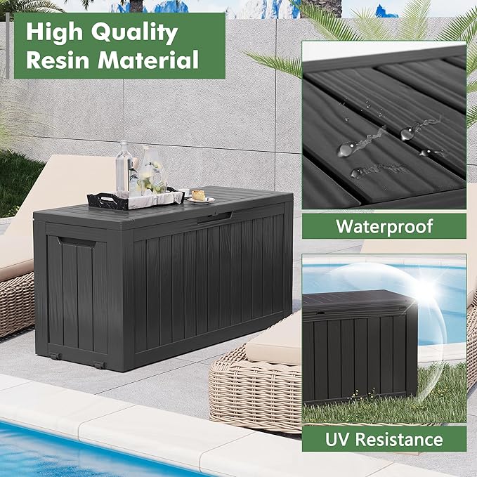 NUNU LAB Outdoor Storage Box, 80 Gallon Large Resin Sturdy Deck Box, Backyard Outside Storage Box Waterproof, Package Delivery Garden Hose Storage Bin Tool