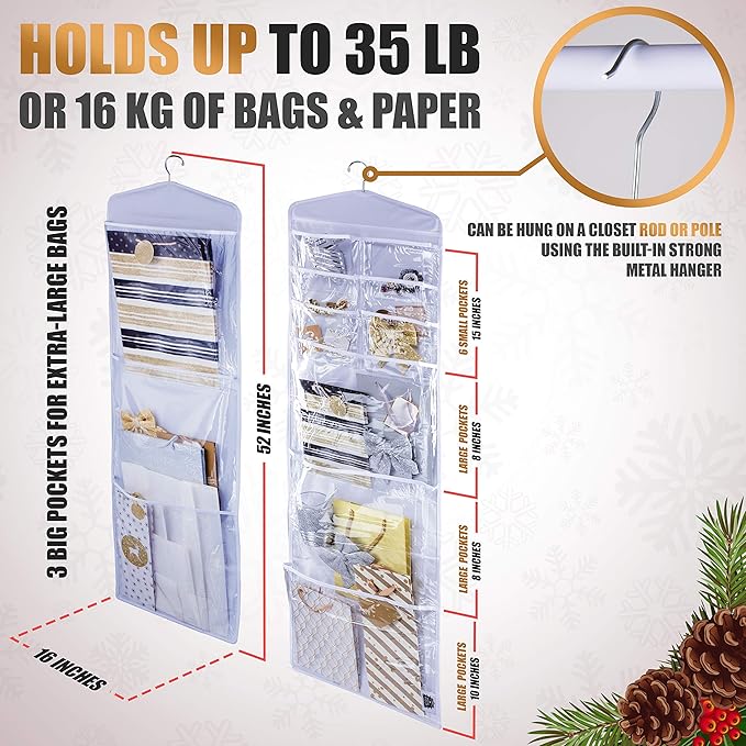 Large Double-Sided Hanging Gift Bag Organizer and Tissue Paper Holder (White)