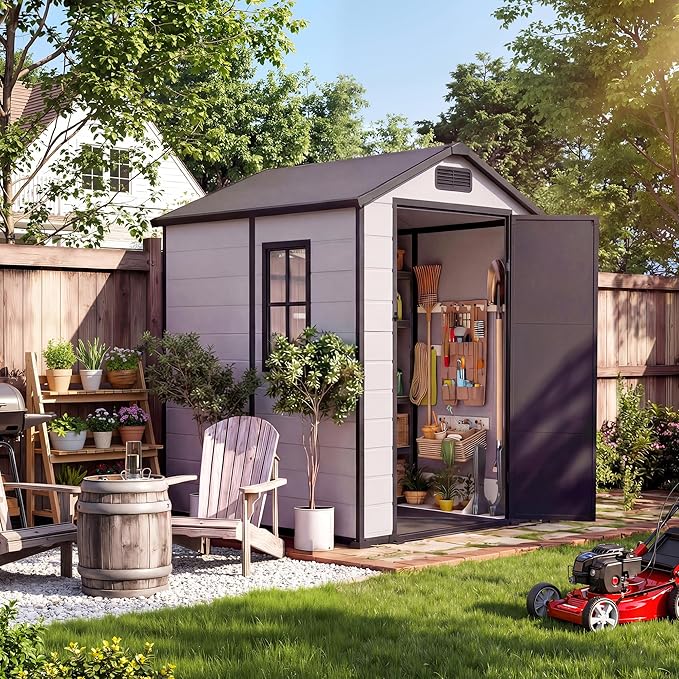 4x6 FT Outdoor Storage Shed with Floor, Plastic Resin Garden Shed with Window & Sloping Roof & Lockable Door for Patio Backyard Garden, Lawn Mower, Bike, Tool Storage