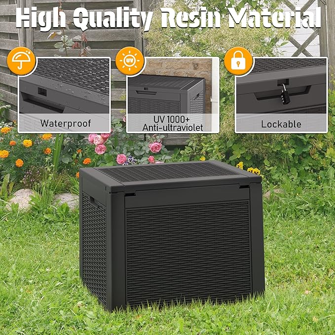 NUNU LAB 35 Gallon Outdoor Storage Box Waterproof, Outside Package Delivery Deck Boxes with Lockable Lid, Backyard Storage Bin For Garden Tools, Patio Cushions Accessories, Black