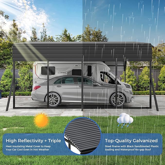 20’x20’ Carport Canopy Metal Carport Heavy Duty Car Port Galvanized Steel Roof, Reinforced Stable Triangle Frame Enhanced Base for Snowy Windy Carports Car Tent for Car,Pickup,RV,Tractor,Boat