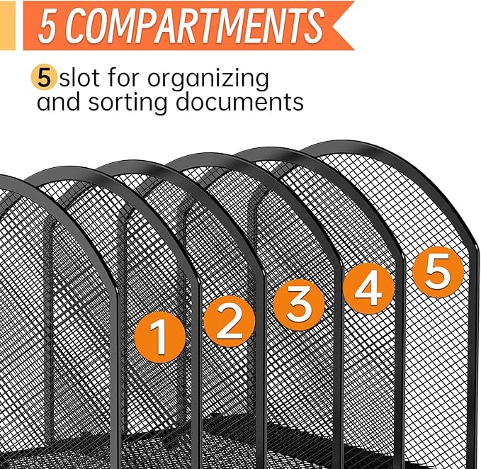 Desk File Organizer 5 Sections Desktop Organizer File Mail Sorter Office Organization File Folder Holder for Office School & Classroom (Black, 5 Section - 2Pack)