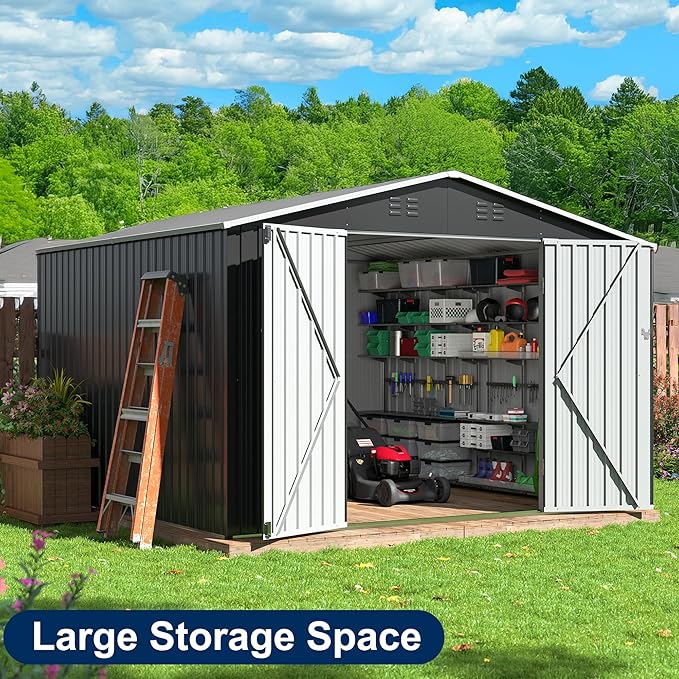 10x10 FT Storage Shed, Garden Shed with Updated Frame Structure and Lockable Doors, Metal Tool Sheds for Backyard Garden Patio Lawn, Grey