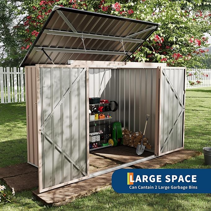 3x6 FT Metal Trash Can Shed, 2-Bin Outdoor Garbage Storage with Chain Lid, Weather-Resistant Bin Enclosure for Garden/Backyard/Patio