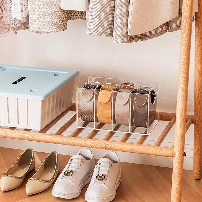 4 Compartments Acrylic Belt Organizer, Clear Belt Storage Organizer for Closet, Wall Mount Belt Holder