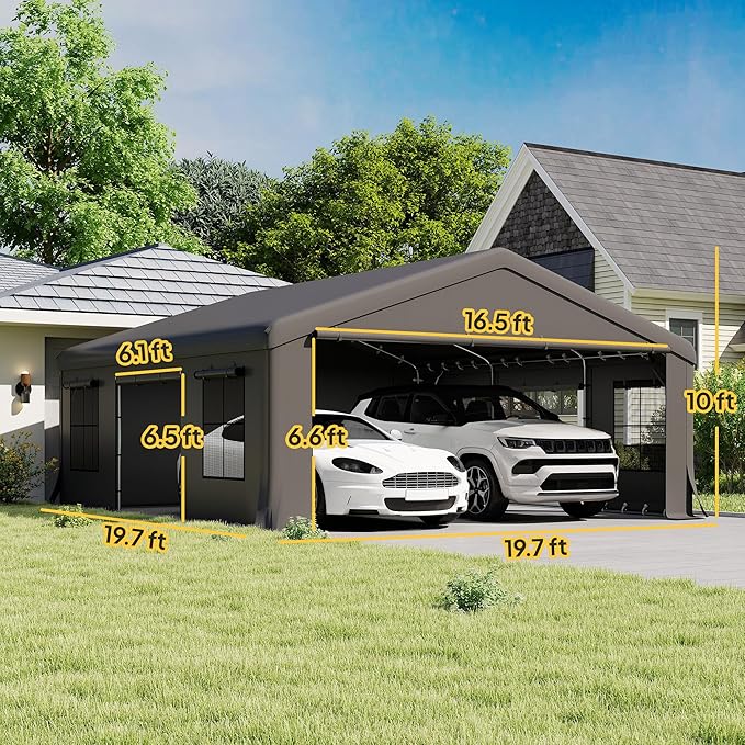 Outsunny 20' x 20' Heavy Duty Carport, Portable Garage Car Canopy Tent with Reinforced Galvanized Frame, 3 Roll-up Doors, 4 Mesh Windows for Cars, Trucks, Boats, Motorcycle, Bike, Dark Gray