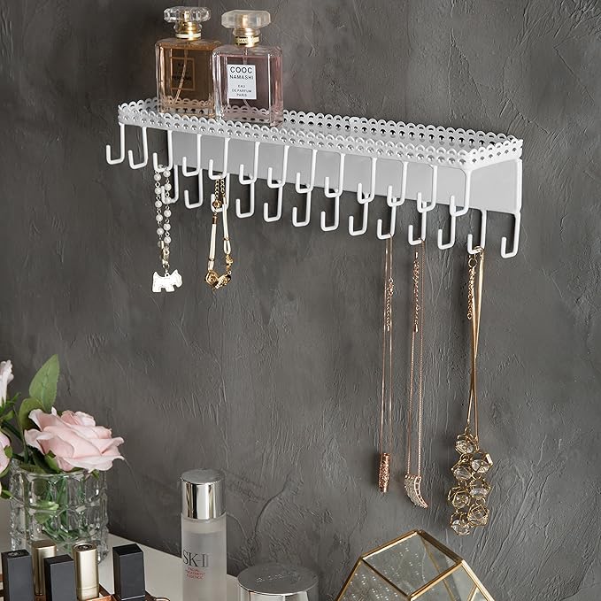 MyGift White Metal Wall-Mounted Jewelry Hanging Shelf with 26 Necklace Hooks, Set of 2