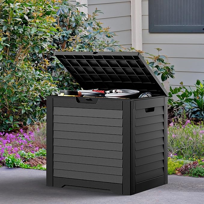 DWVO Louvered Large Deck Box, 35 Gallon Resin Outdoor Storage Box for Patio Furniture, Garden Tools and Pool Supplies, Lockable Lid and Side Handles, Waterproof and UV Resistant, Black