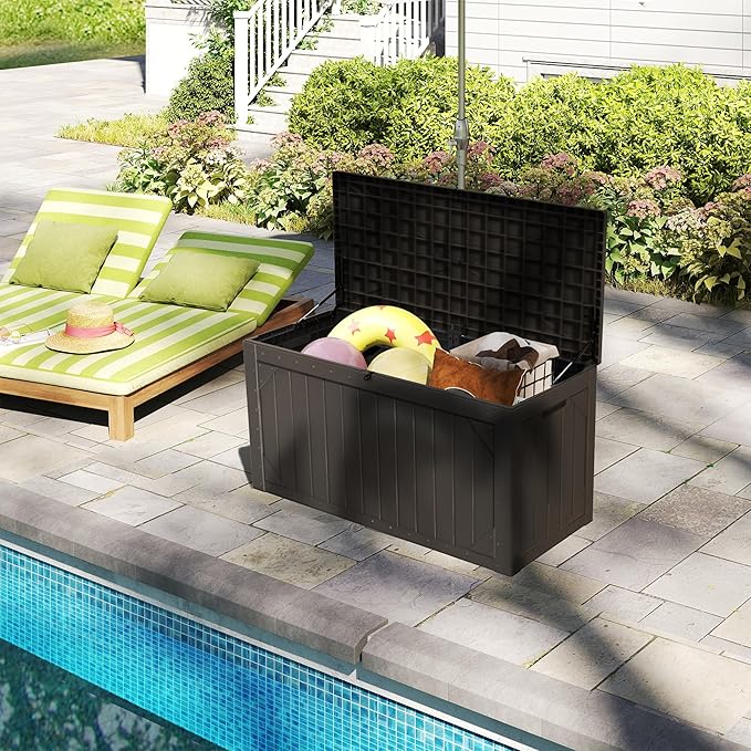 Outdoor Storage Box Waterproof, 100 Gallon Lockable Resin Deck Box Patio Storage Bin for Pool Accessories Cushion Furniture, Garden Tools, UV-Resistant Outside Delivery, Black