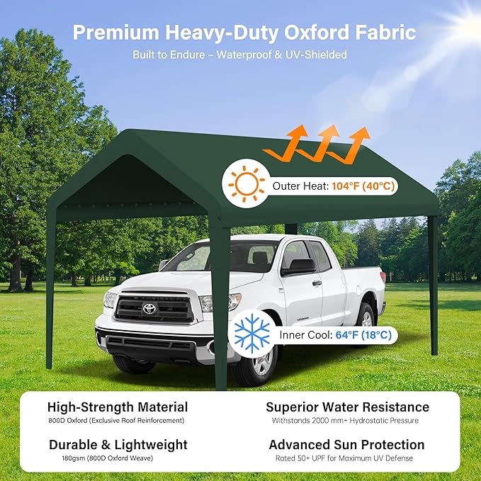 Canopy Replacement Cover, Carport Replacement Canopy, 800D Oxford Waterproof & UV Protected Tarp with Ball Bungees (Frame is not Included) (Green, 12x20)
