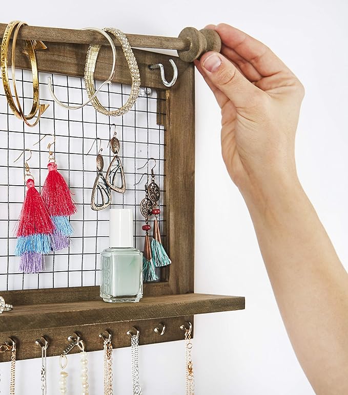 Rustic Jewelry Organizer with Bracelet Rod Wall Mounted - Wooden Wall Mount Holder for Earrings, Necklaces, Bracelets, and Many Other Accessories