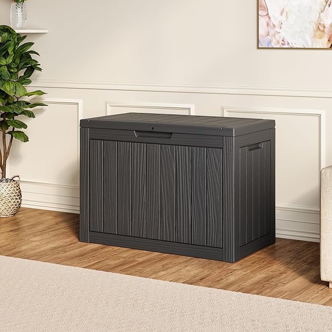 45 Gallon Outdoor Storage Box, Resin Deck Boxes Outdoor Waterproof For Patio Furniture, Garden Tools, Pool Supplies, Lockable And UV Resistant (Striped Black)
