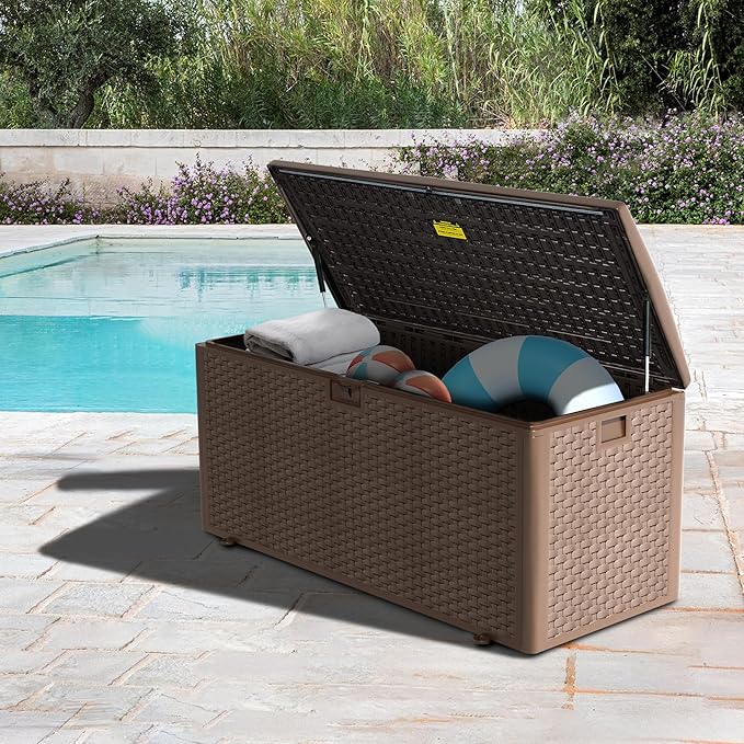 Outdoor Storage Deck Box Waterproof, 180 Gal Pro Large Lockable Patio Storage Bin Chest, Resin Outside Container Seat Bench for Furniture Cushions, Pool Accessories, Garden Tools & Delivery, Brown