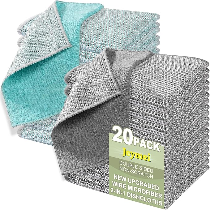 20Counts Multipurpose Wire Dishwashing Rag,Non Scratch Wire Dishcloth,Microfiber Miracle Cleaning Cloth with Mesh,Dual-Sided Steel Mesh Cloth for Pot,Metal Scrubber for Washing Dishes,Grey&Blue
