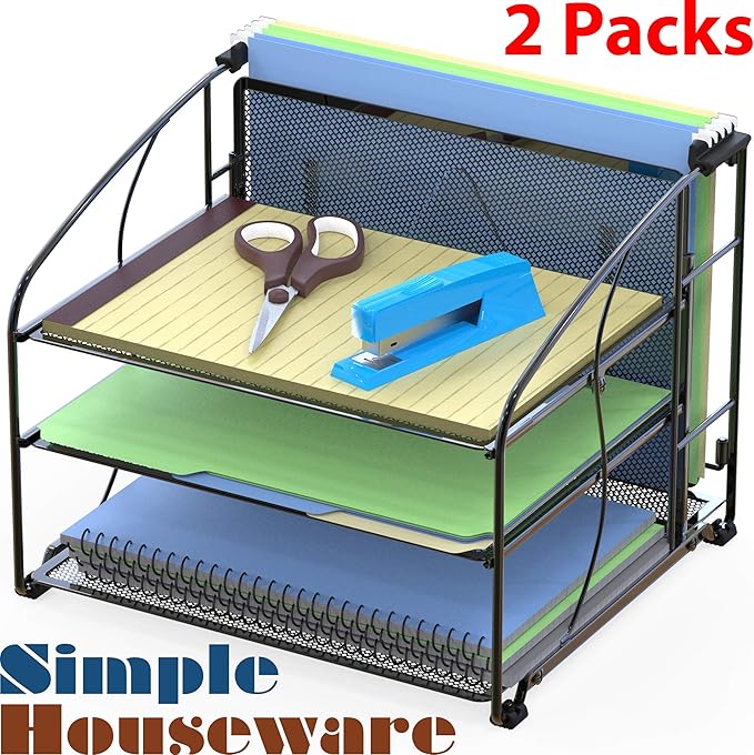 Simple Houseware 3-Tier Desk Organizer with Hanging File Holder, 2 Packs, Black