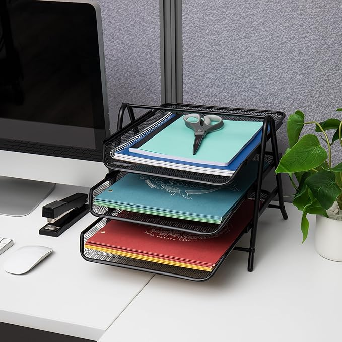 Mind Reader 3-Tier Paper Tray, Desktop Organizer, File Storage, Workspace, Office, Metal Mesh, 11.75"L x 13.75"W x 10"H, Black